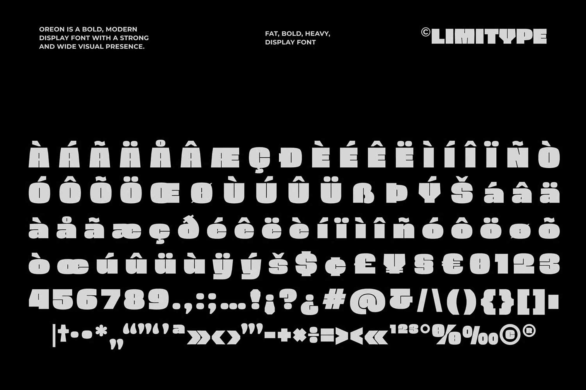 Oreon uppercase, diacritics, numerals and symbols